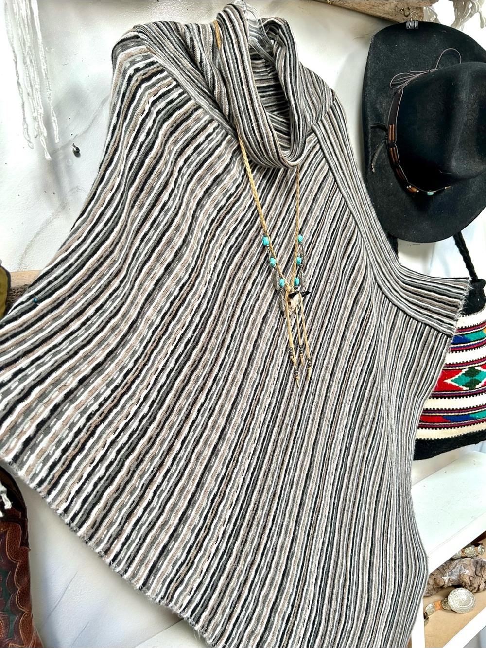 Big Buddha Striped Knit boho rustic Poncho w cottagecore farmhouse western vibe